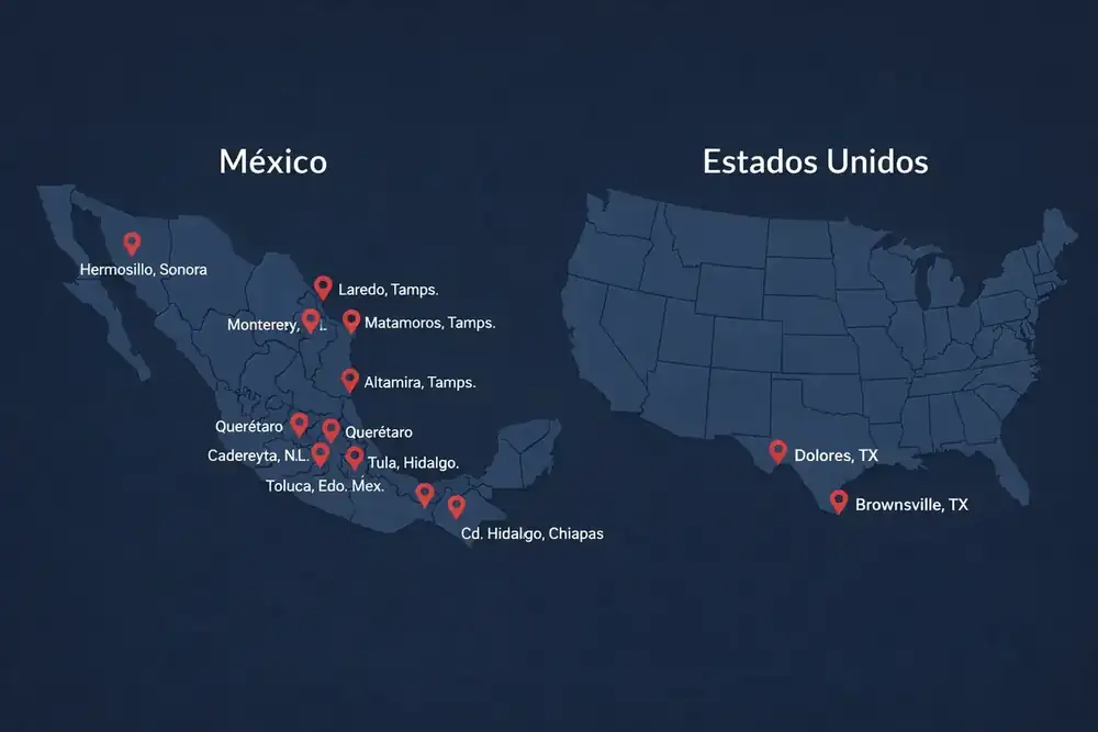 Mapa de terminales TECARMEX en México y Estados Unidos – 11 en México y 2 en USA